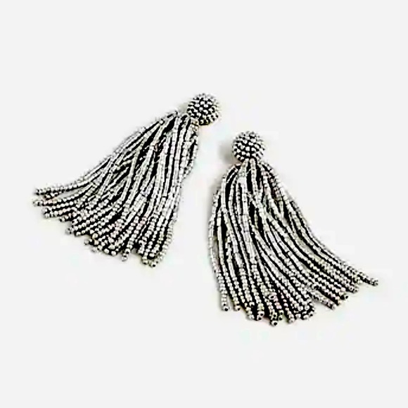 JCREW Beaded Tassel Earrings NWT OS Silver Mirror - Picture 1 of 5